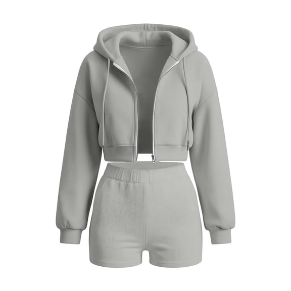 TEAJOPSUU Women's 2 Piece Tracksuit Sets Cropped Zip Up Hoodie Sweatshirts High Waist Shorts with Pockets Sets Casual Fall Workout Daily Outfits Gray