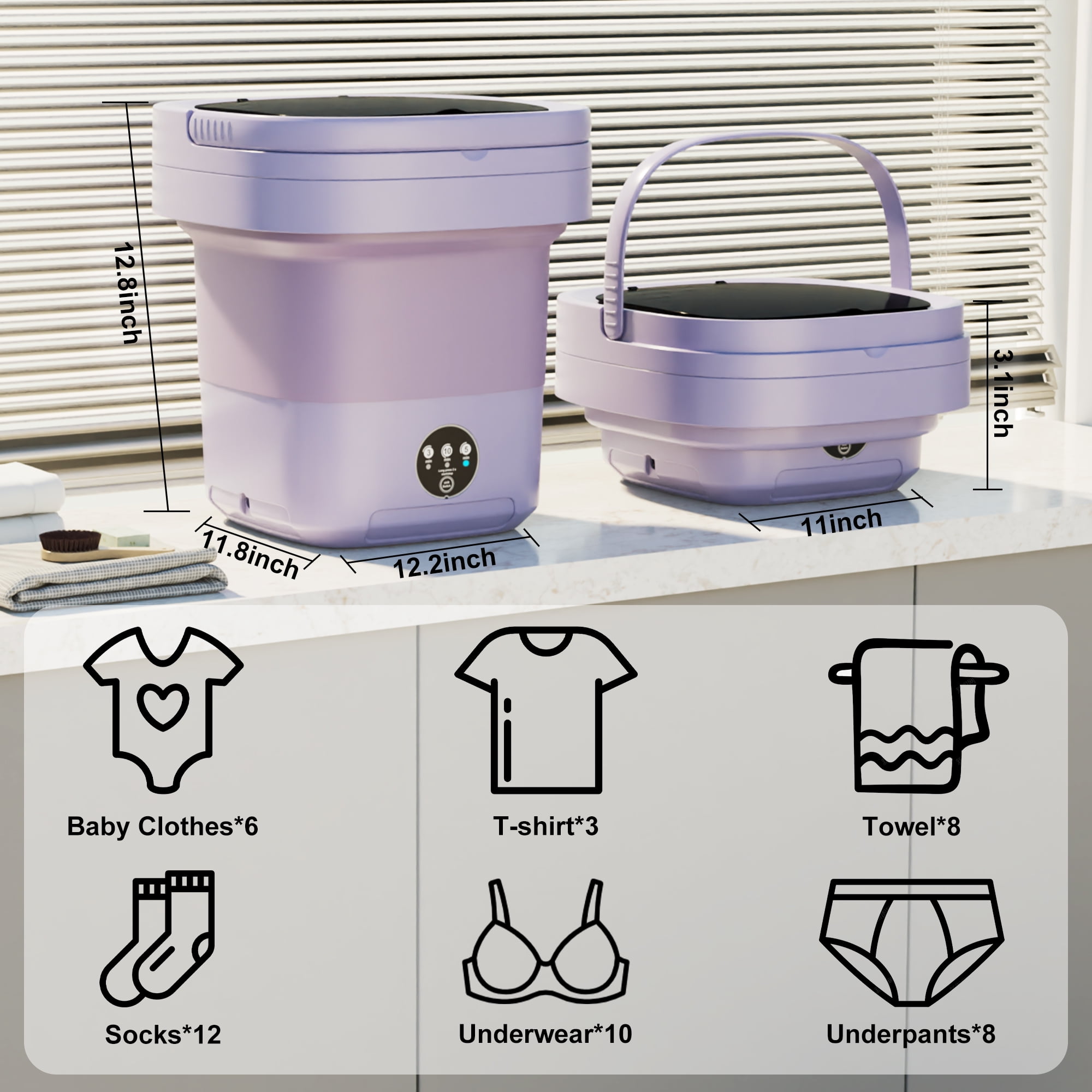 12L Portable Washing Machine, Mini Foldable Washer for Apartment, RV, Travel, Purple