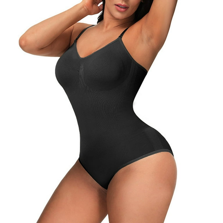 LowProfile Shapewear for Women Tummy Control Bodysuit Thong Thong Slimming  With Built In Bra Deep V Body Shaper Black XL 