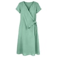 thumbnail image 5 of Pounoo Women's Dresses V Neck Short Sleeve Wrap Linen Blend Midi Dress With Waist Tie Casual Beach Wear Lightweight Breathable Loose Fit Vacation Sundresses Gift, 5 of 7