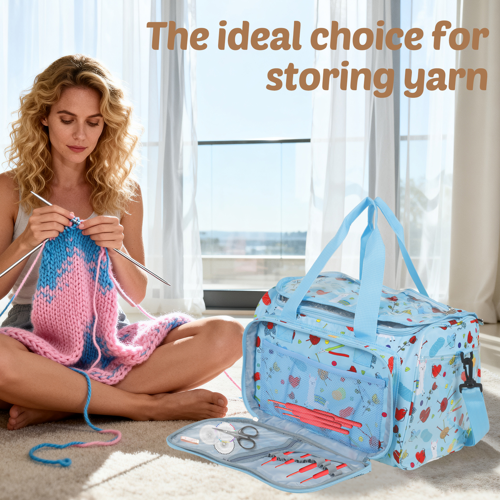 Threns Crochet Yarn Storage Bag Large Capacity Travel Knitting Bag Portable Oxford Cloth Wool Tote Organizer with Multi Pocket for Knitting Needle Crochet Hook