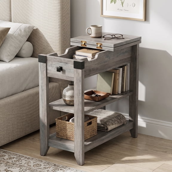 Narrow End Table with Charging Station, Wood Flip Top Side Table for Living Room Bedroom, Farmhouse Gray