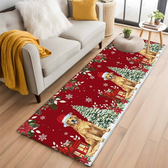Christmas Dog Kitchen Runner Rug 2x6 Washable Runners for Hallway Non Slip Xmas Tree Poinsettia Botanical Red Large Area Rug Indoor Floor Carpet for Bathroom Laundry Entryway Bedroom Living Room