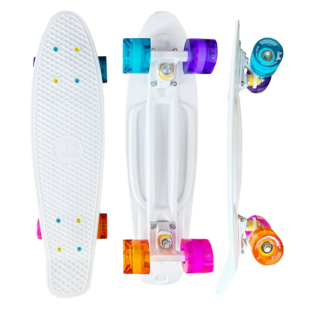 JS Roller Patineta penny board de 22 pulgadas para niños, adultos con llantas de goma y superficie antiderrapante white multicolor