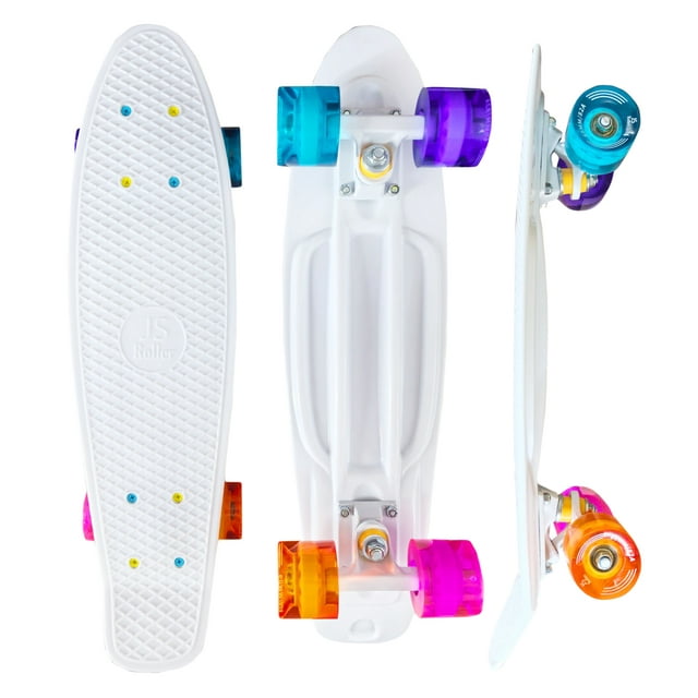 JS Roller Patineta penny board de 22 pulgadas para niños, adultos con llantas de goma y superficie antiderrapante white multicolor