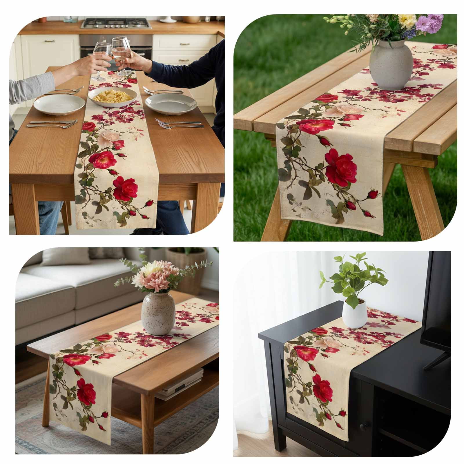 Spring Red Rose Table Runner 13x90 inch Country Watercolor Red Floral Green Leaf Linen Cotton Linen Dining Table Runner Ideal for Dresser Kitchen Coffee Tables - Machine Washable