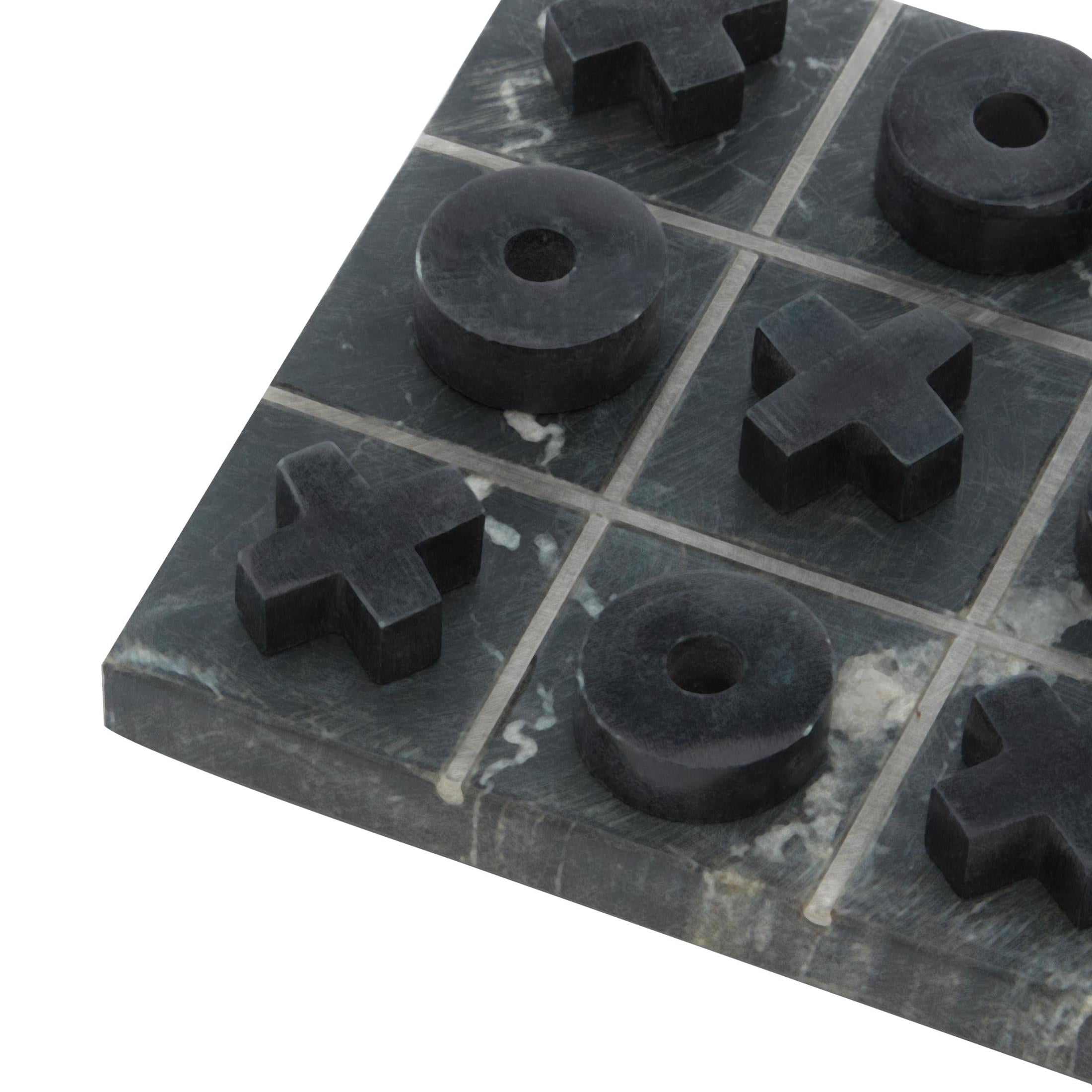 DecMode 6" x 1" Black Marble Tic Tac Toe Game Set with Silver Metal Accents, 1-Piece