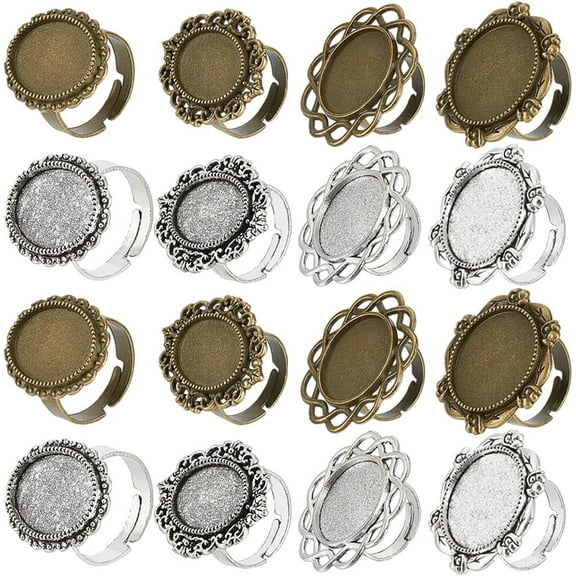 1 Bag 16Pcs 8 Styles Oval Cabochon Ring Blanks Ring Bases Bezel Adjustable Blank Rings Antique Silver Bronze Flower Tray Vintage Alloy Finger Rings Components for Jewelry Making Supplies DIY Craft