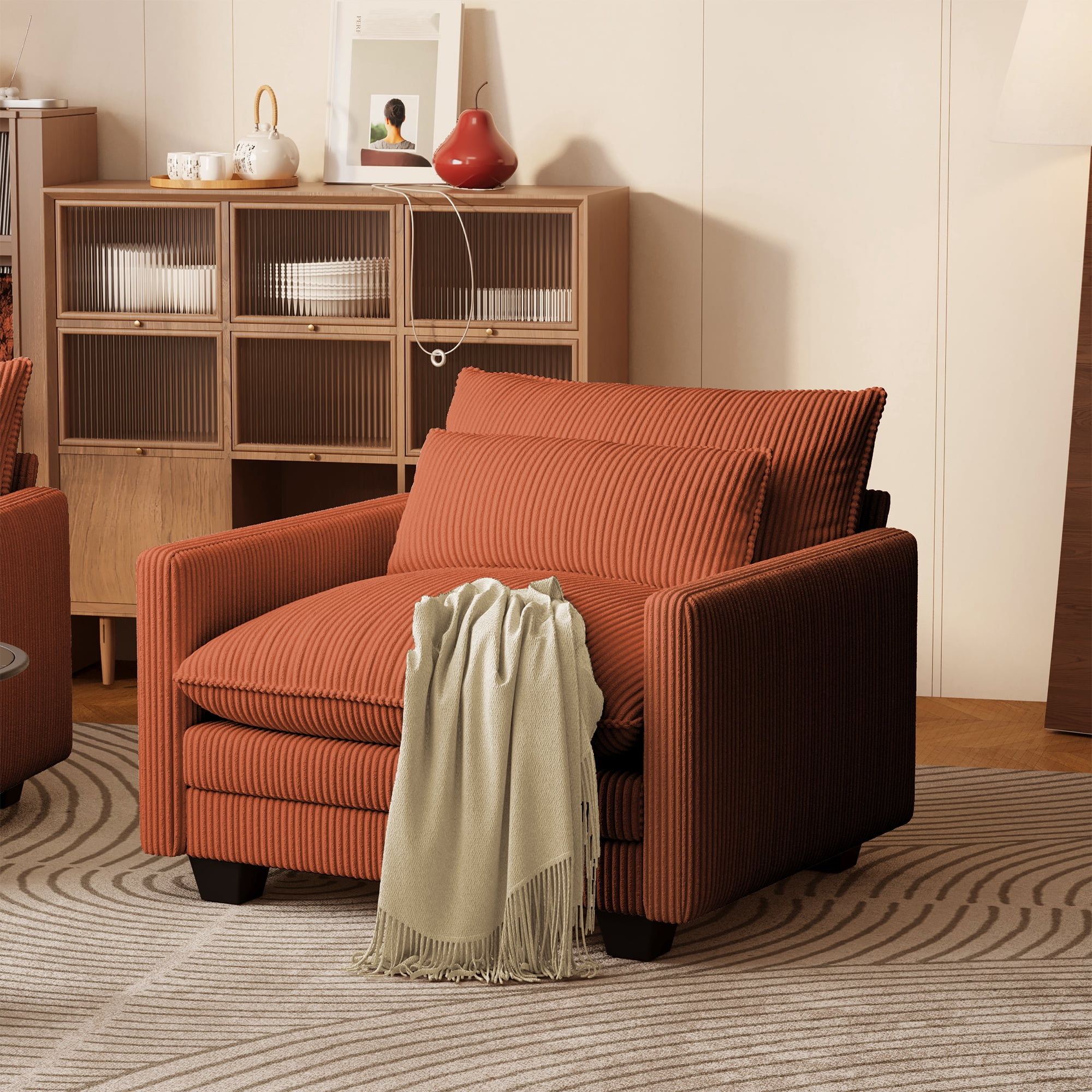 Cloud Corduroy Accent Chair, Deep Memory Foam Seat with Washable Zipper Cover & Arm Pillow, Modern Leisure Single Sofa for Living Room Bedroom Balcony, Orange