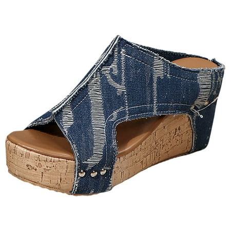 

Jungdeepe Ladies Summer Casual Worn Denim Fish Mouth Large Size Slope Heel Thick Bottom Sandals Slippers Lime Sandals for Women Two Band Slide Sandals Women Size 12 Womens Sandals Platform Sandal