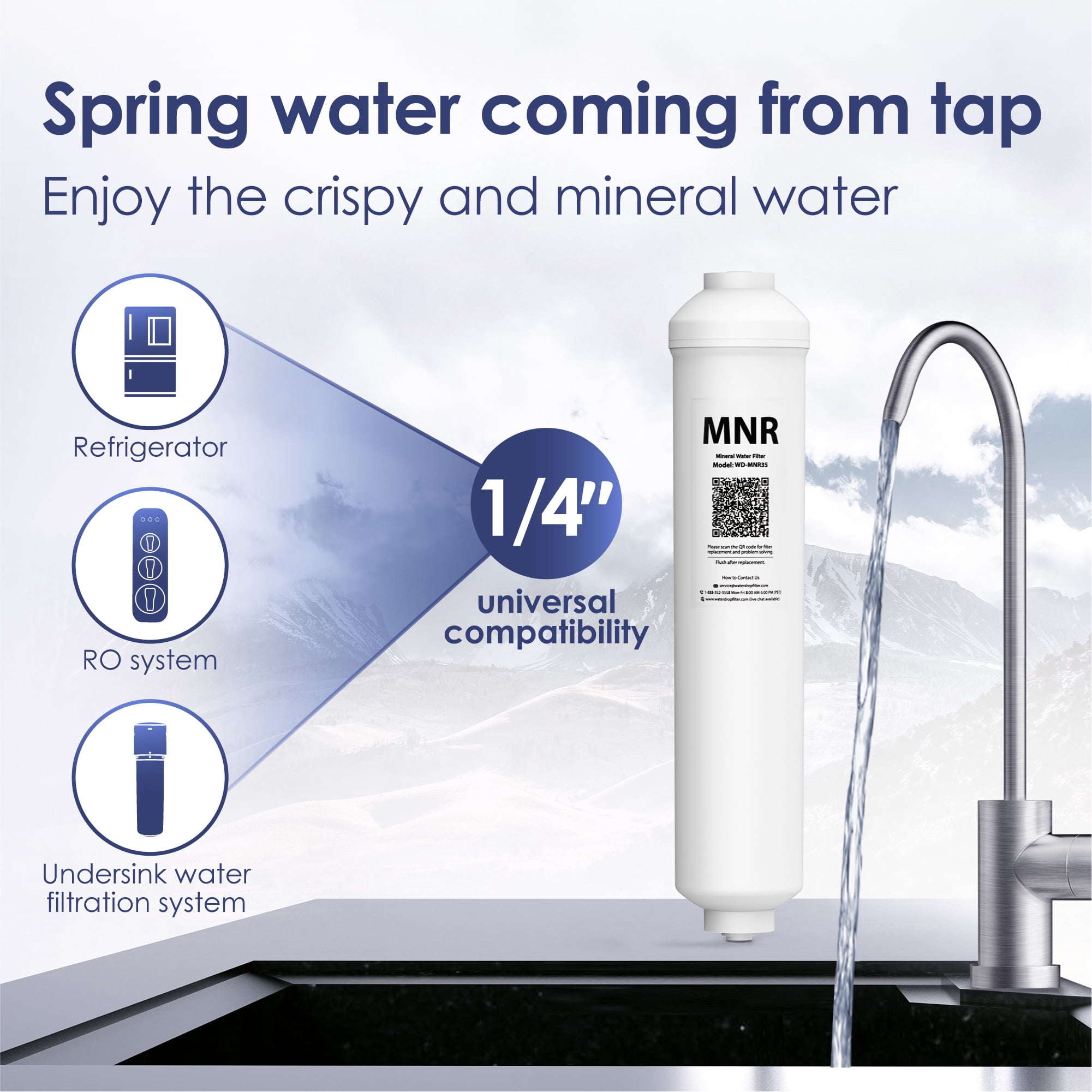 Waterdrop Remineralization Under Sink Water Filtration, 1/4? Quick Connect Post Filter for RO Reverse Osmosis Filter System, Restore Essential Minerals, Replacement for WD-G2MNR-W
