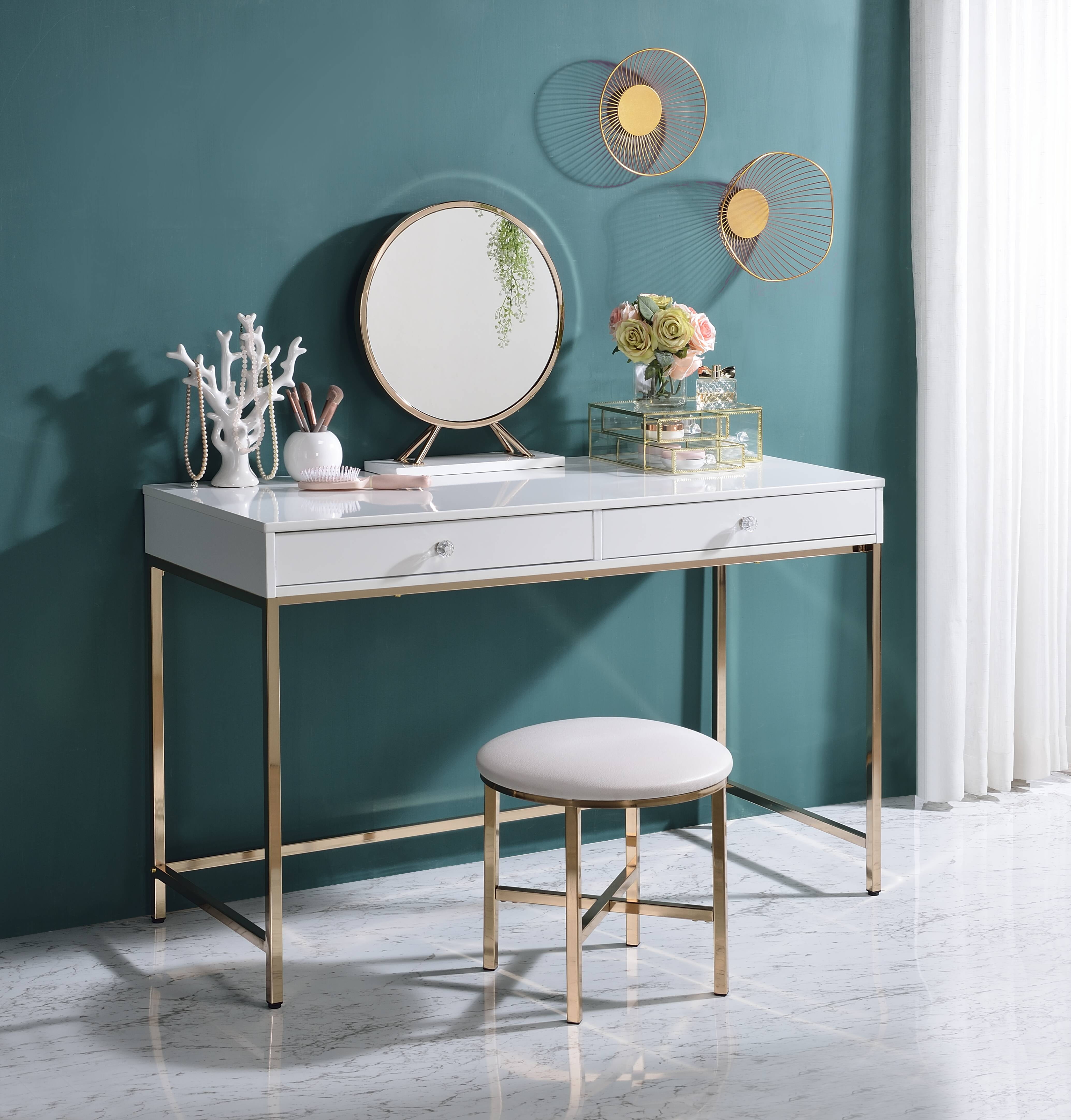 ACME Ottey 2-Drawer Vanity Desk With Metal Legs In White High Gloss And ...