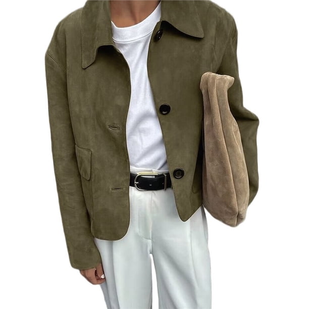Chaqueta Informal de Larga con Solapa y Botones para Mujer, Color Liso, Abrigo Corto, Camisa Vintage con Botones. Verde S