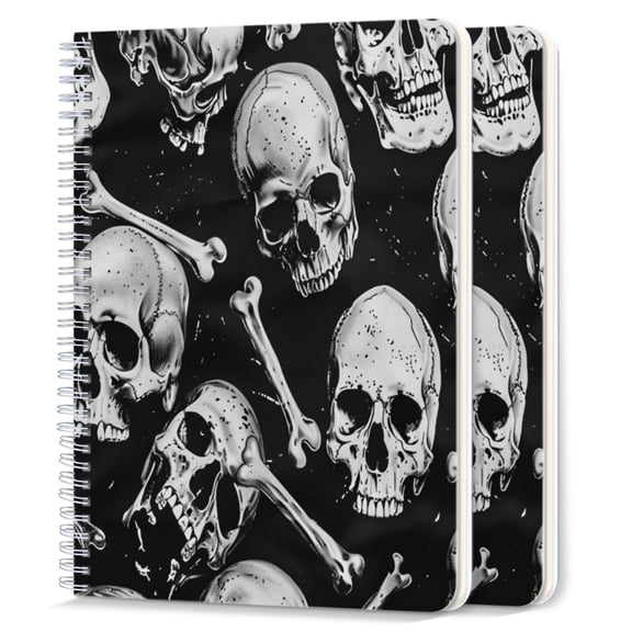 Spiral Notebook,College Ruled Journal,8.26" x 5.71" 50 Sheets/100 Pages,2 Pack - Black And White Design of Skulls With Bones