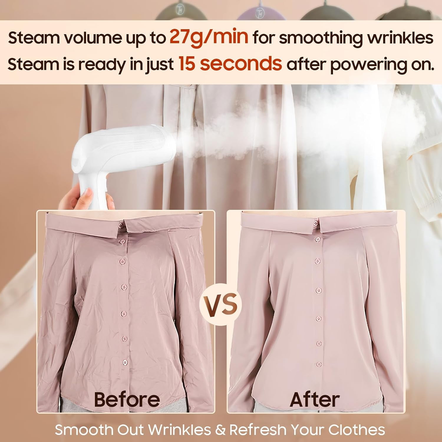 Portable Handheld Steamer for Clothes - Hand Held Clothes Steamer 15S Fast Heat-up, 1500W Heat-Resistant Steam Iron Remove Wrinkles for All Fabrics, 300ml Tank for Travel/Hotel