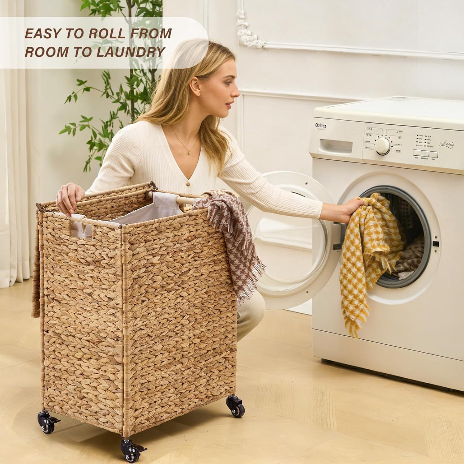 Casa Pura Furniture 90L Natural Hand-Woven Water Hyacinth Laundry Hamper with Wheels, Lid & Removable Washable Liner, Clothes Storage Basket for Bathroom & Laundry Room