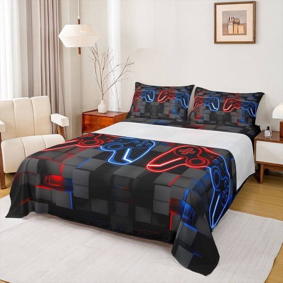 Castle Fairy Honeycomb Video Game Twin Sheet Sets,Abstract Futuristic Plaid Bedding