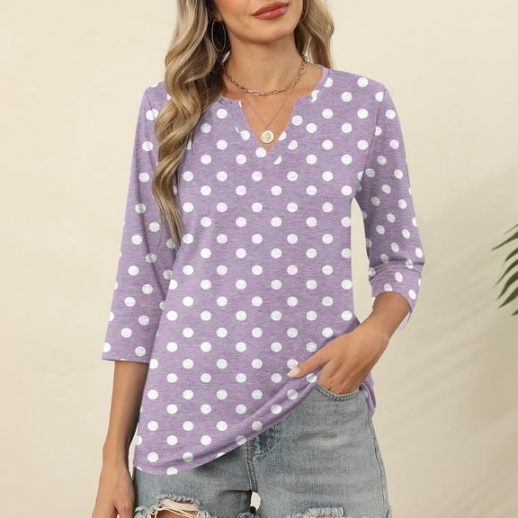 Vekome Womens Pullover Tops 3/4 Sleeve Plus Size Shirts V Neck Casual Tee Shirts Print Summer Clothes Purple S