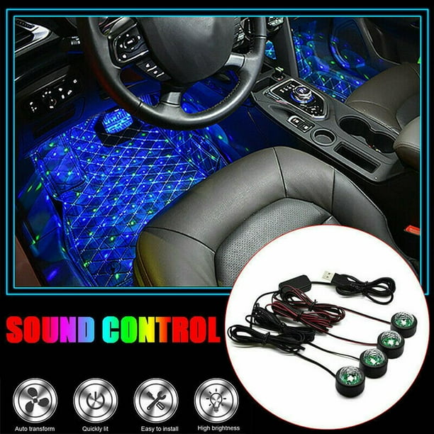 Tira de luces LED para coche, 4 piezas de luces interiores de atmósfera multicolor para coche, función de TV en casa con sonido, puerto USB inteligent Macarena Lámpara de atmósfera de coche