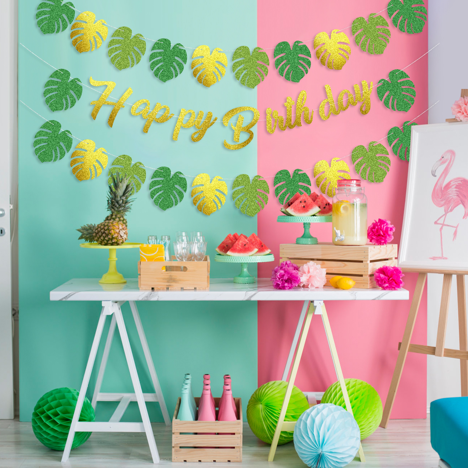 Tropical Birthday Party Decorations - 3 Set Hawaiian Happy Birthday Banners, Gold and Green Glittery Tropical Palm Leaf Garland, Summer Jungle Beach Luau Hawaiian Birthday Party Decorations - image 5 of 8
