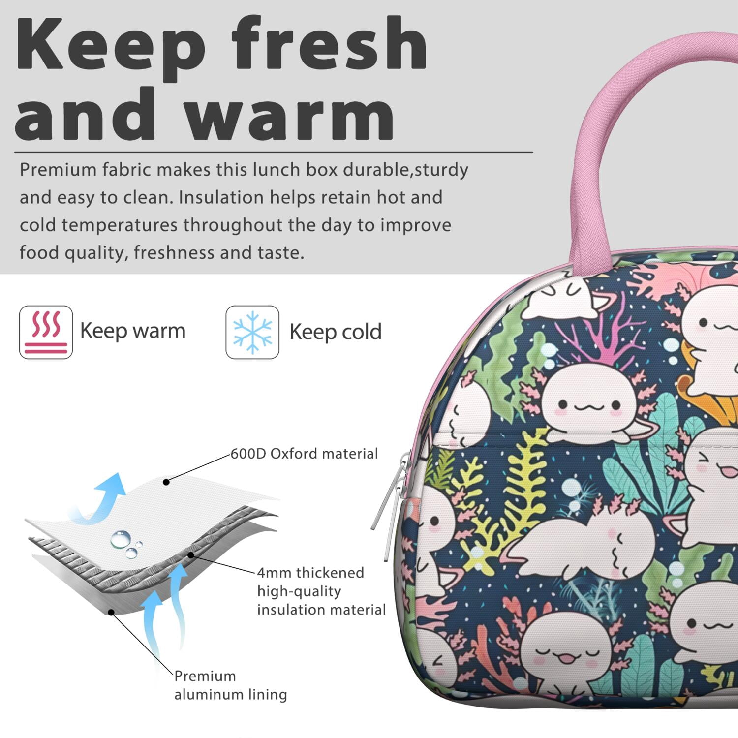 Adorable Axolotl Lunch Box - Funny Smiling Amphibian Pattern, Leakproof Insulated Cooler for Kawaii Collectors & Fantasy Enthusiasts (Whimsical Creature Art)
