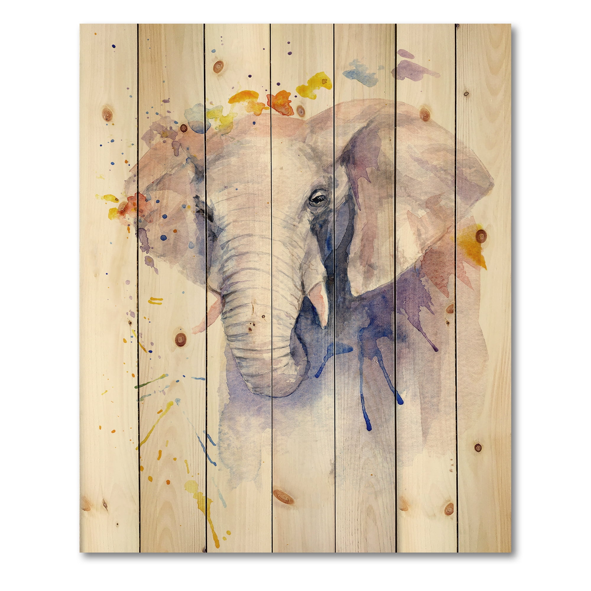 Designart 'Portrait of An Elephant Yellow and Blue Strokes' Farmhouse Print on Natural Pine Wood