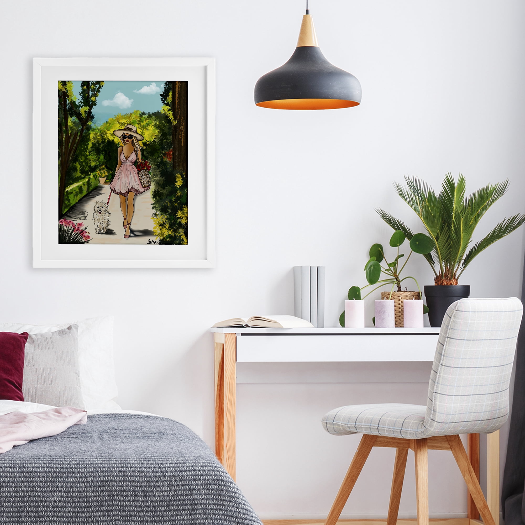 Stupell Industries Garden Girl Strolling with Pup White Framed Print Under Glass, design by Tara Boone