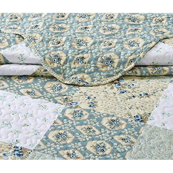 All American Collection New Reversible 2pc Floral Printed Patchwork Blue/Green Bedspread/Quilt Set Matching Curtains Available (Twin Size)