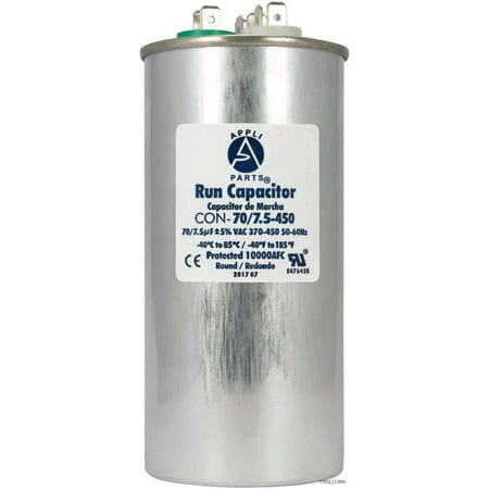 

Appli Parts Dual Run Capacitor For Ac 70 7.5 Mfd Uf (Microfarads) 370VAC Or 450VAC CBB65 Round Universal Fit For Hvac And Other Applications 5-1/4 In High 2-1/4 In Wide CON-70/7.5-450