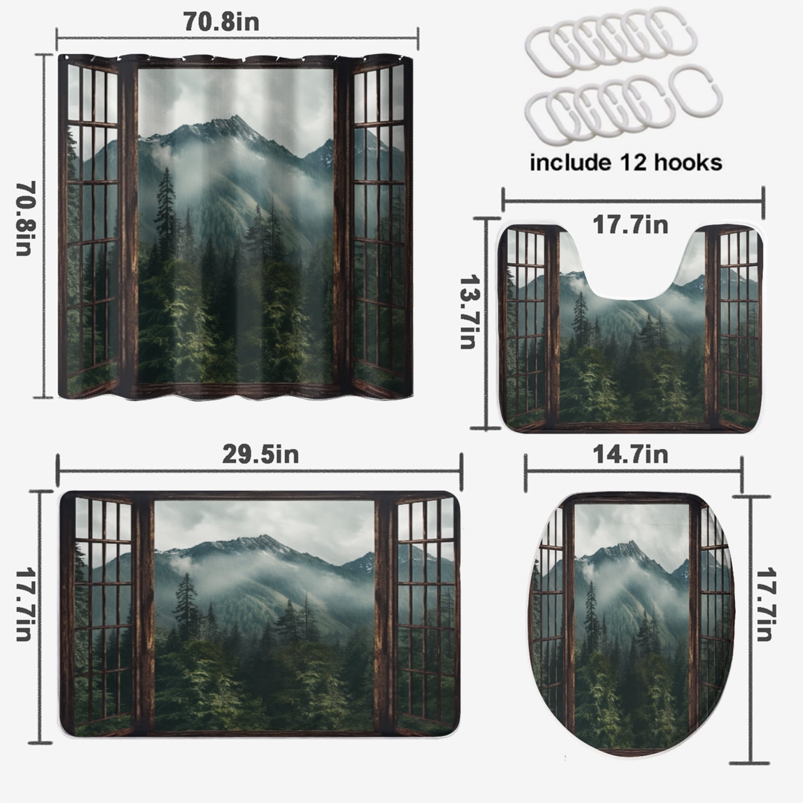 Misty Forest 4 Pcs Shower Curtain Set Nature Landscape Mountains Window View with 12 Hooks, Bath Mat Set Bathroom Decor by Durable Waterproof Fabric, 72x72 Inch