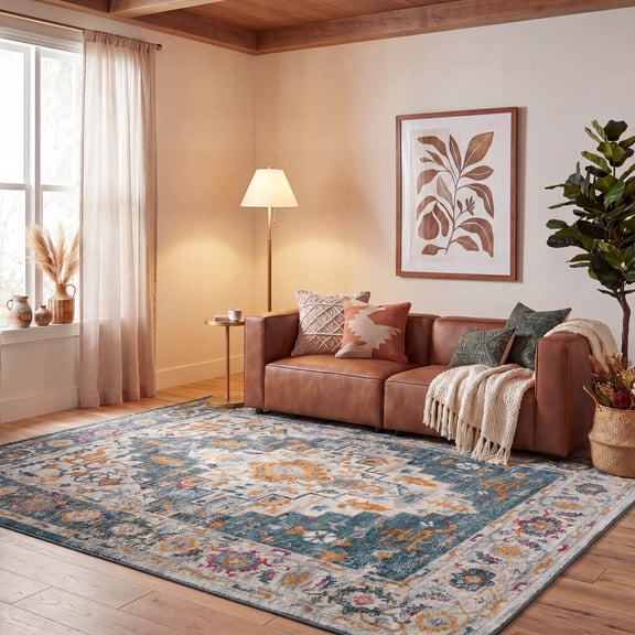 SAFAVIEH Madison Blaire Floral Bordered Area Rug, Turquoise/Ivory, 6'7" x 6'7" Square