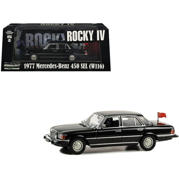 1977 Mercedes-Benz 450 SEL (W116) Black with Soviet Flag "Rocky IV" (1985) Movie 1/43 Diecast Model Car by Greenlight