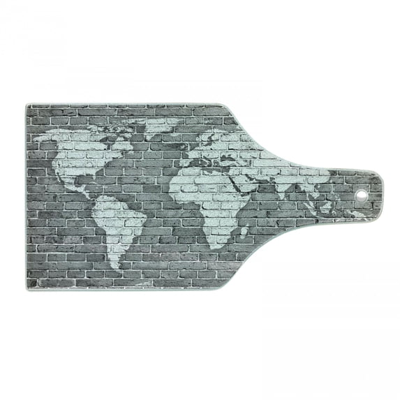 Wanderlust Cutting Board, World Map on Old Brick Wall Construction Grunge Antique Stained Abstract, Tempered Glass Cutting and Serving Board, Wine Bottle Shape, Pale Grey White, by Ambesonne