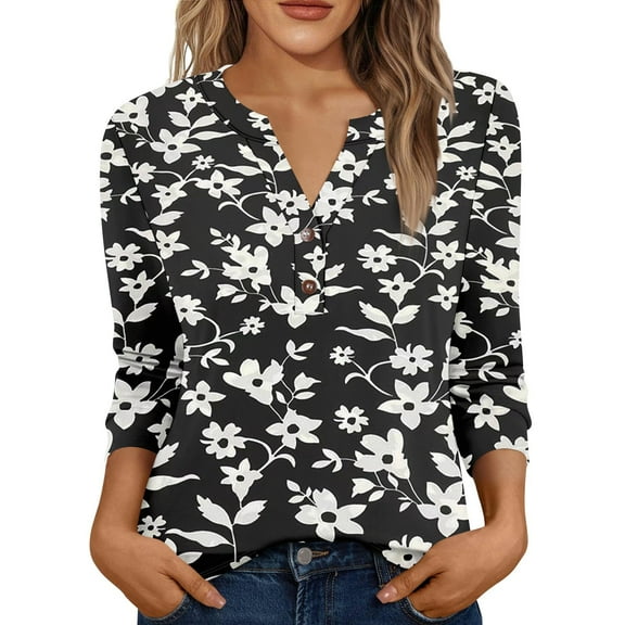 Xyxonk Womens Tops 3/4 Sleeve 2025 Floral Print Tees Dressy Casual V Neck Button Tops Fall Fashion Shirt Black S