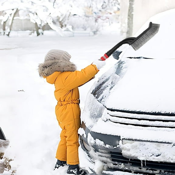 Car Snow Brush and Ice Scraper​ Multi-Function Snow Shovel Rotatable Bristle Head, Gray Metal Frost Scraper Blade, Vehicle Roof and Windshield