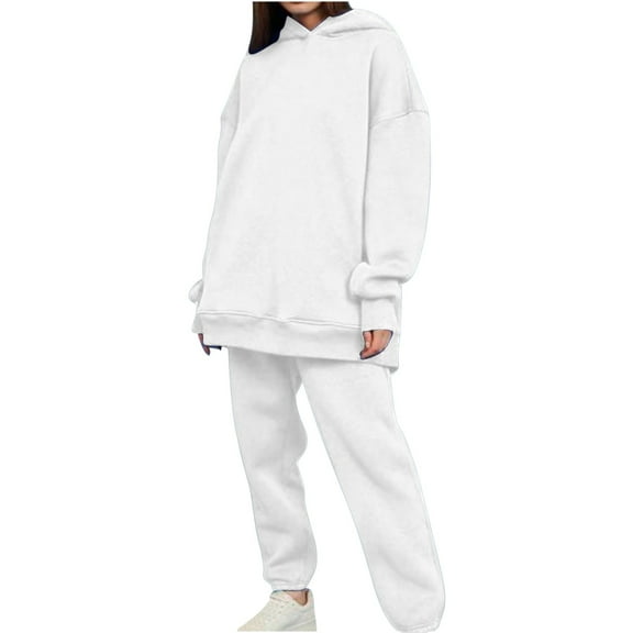 Women's 2 Piece Outfits Oversize Long Sleeve Hoodie with Pockets Jogger Sweatpant Gym Workout Tracksuit Sets (XL, White)