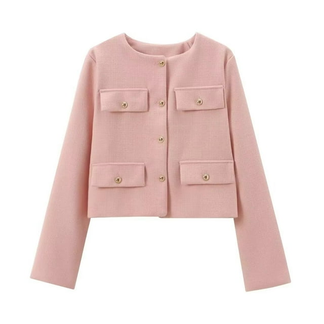 TRAFZA-abrigo Vintage liso para mujer, chaqueta de manga larga con cuello redondo con botones y bolsillo, ropa de abrigo informal elegante para Primavera, 2024