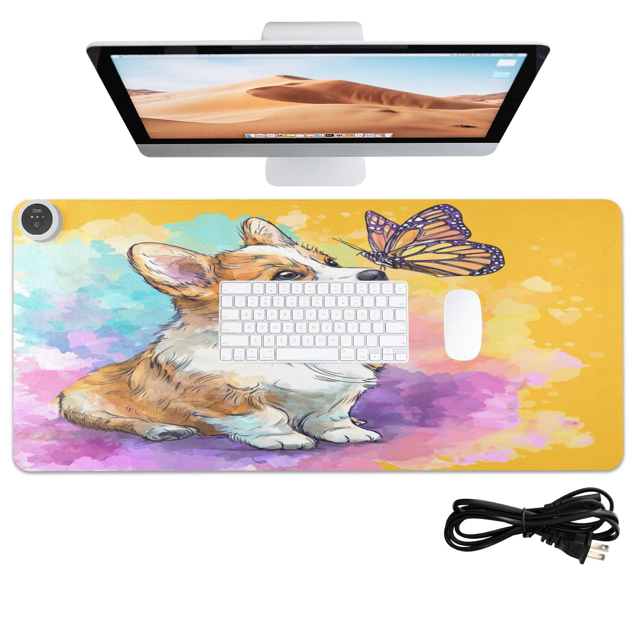 Large Heated Desk Mat Mouse Pad 31.5"x13"PU Leather Graphene Heating Desk Warmer with 3 Temperature Settings 110V US Plug Non-Slip Warm Pad for Home, Office, and Gaming Cartoon Drawing Of A Corgi