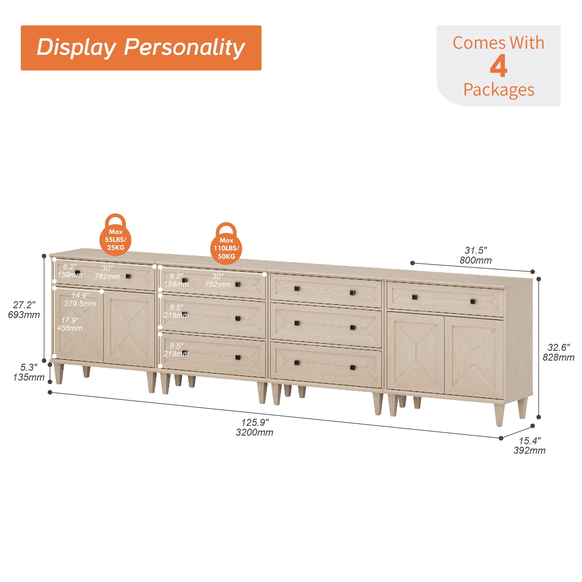 WAMPAT Handmade Patchwork 126" TV Stand with Storage, Fits up to 130" TV, Beige