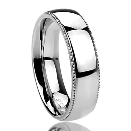 Platinum Domed Milgrain Wedding Band Men Women Stainless Steel 6mm Wedding Band Ring Milgrain Edges Domed Classy Ring (5 to 14) ()