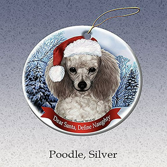 Holiday Pet Gifts Silver Poodle Santa Hat Dog Porcelain Christmas Tree Ornament