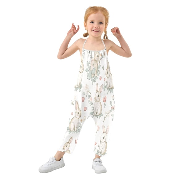 Girls' Jumpsuits Rompers Summer Casual Sleeveless Rompers With Pockets Spaghetti Strap Romper Soft Pastel Bunnies 1T