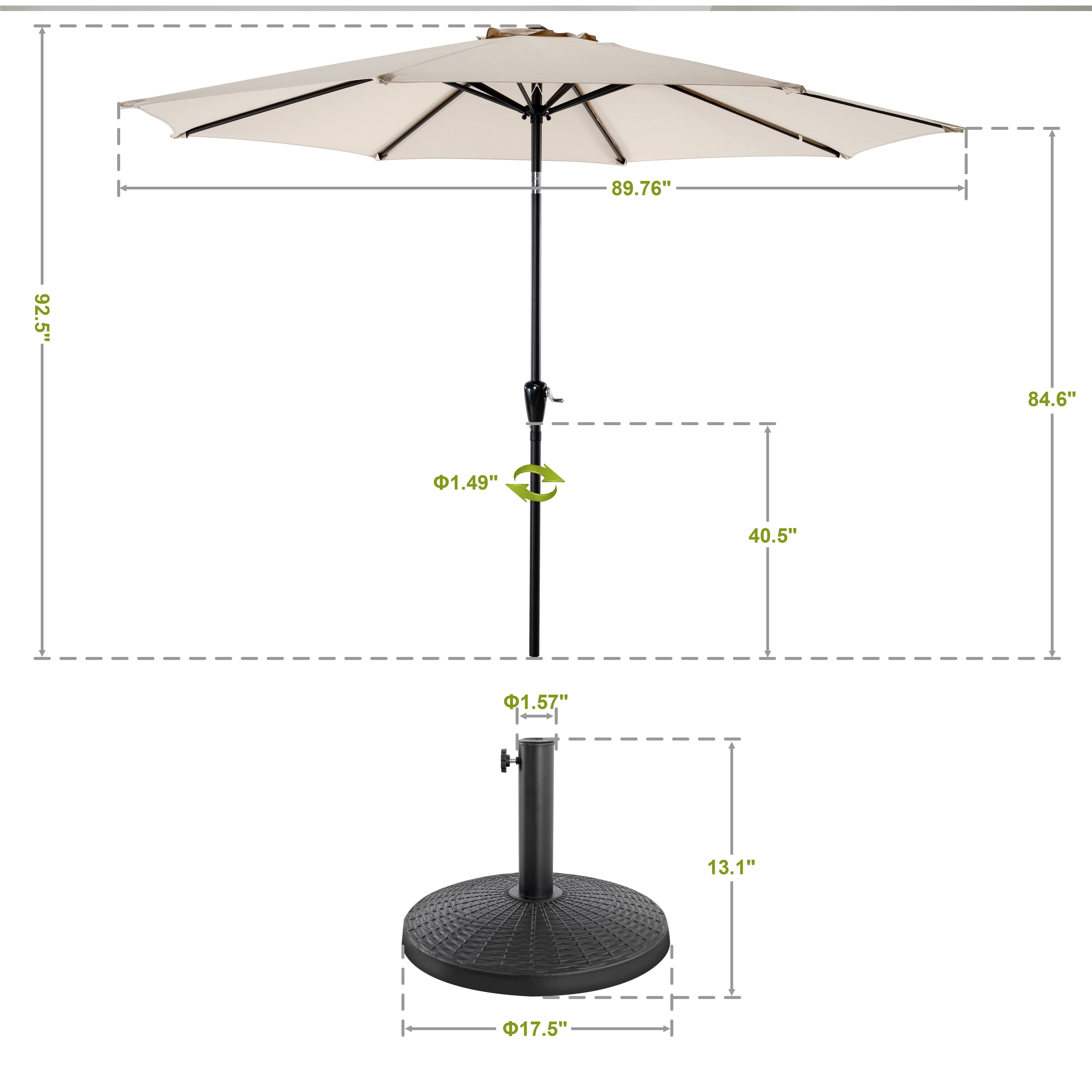 Nuu Garden Outdoor 7.5' Round Patio Sunshade Umbrella with Base, Outdoor Vented Table Umbrella, with Easy-to-use Crank, Beige