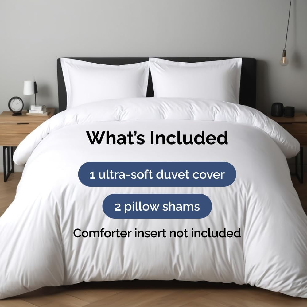 CGK Linens 3-Piece Premium Duvet Cover Set - Queen Size Soft Comforter Cover With Zipper & Matching Pillowcases, White