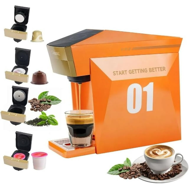 4 In 1 Single Server Coffee Maker, Mini Coffee Machine for Nespresso Original/K cups/Dolce Gusto Original/Ground Coffee, 19 Bar Espresso Machine Fit for Home Office, Orange
