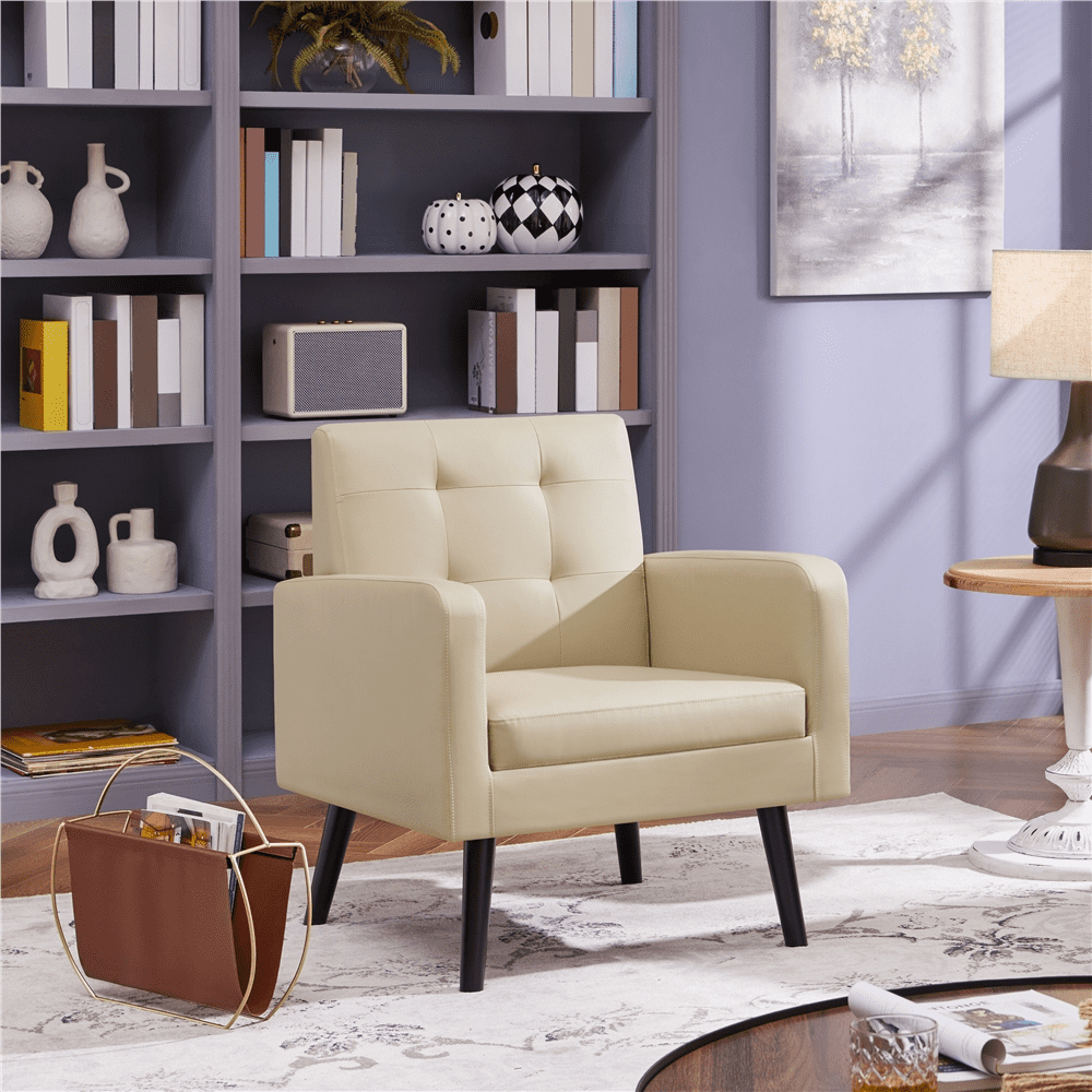 Alden Design Mid Century Faux Leather Tufted Accent Chair for Living Room, Beige