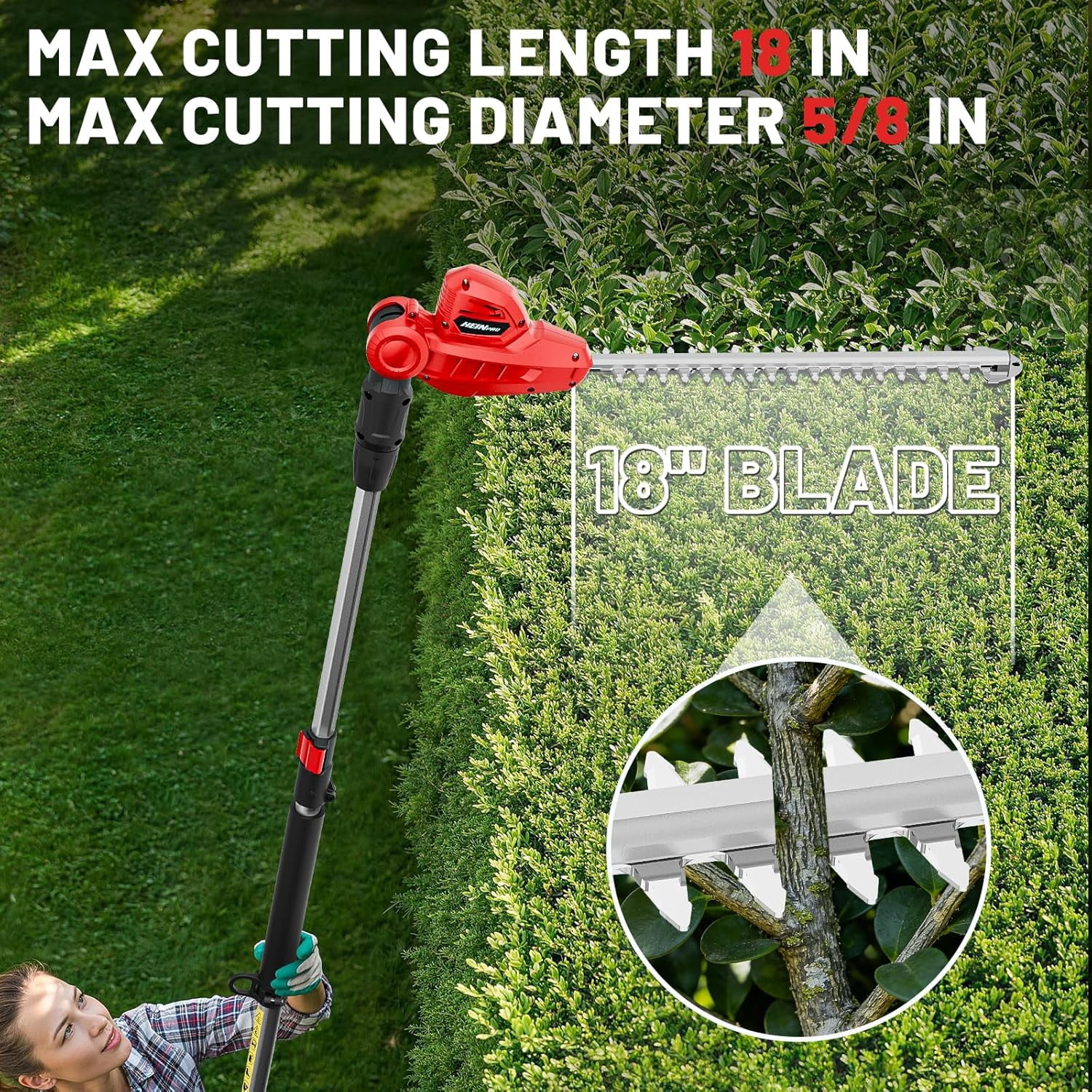 Cordless Pole Hedge Trimmer Compatible with Milwaukee M18 Battery 18-in, 14-ft Max Reach, 150° Adjustable Head (Battery Not Included), Shoulder Strap, 18-in Blade for High Hedges & Bushes