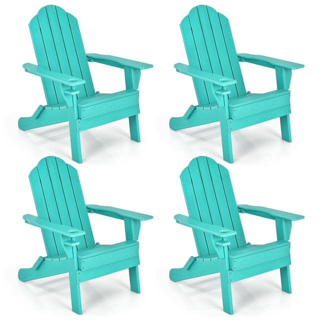 Gymax 4PCS Patio Folding Adirondack Chair Weather Resistant Cup Holder Yard Turquoise