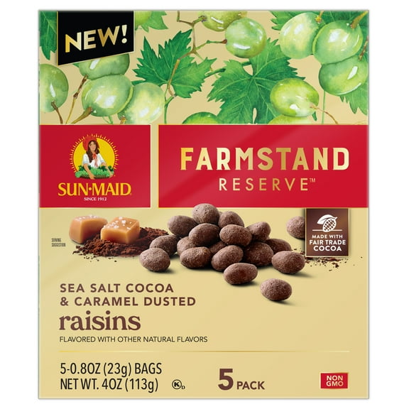 Sun-Maid Farmstand Reserve Sea Salt Cocoa & Caramel Dusted Raisins Box of 5ct. 8oz