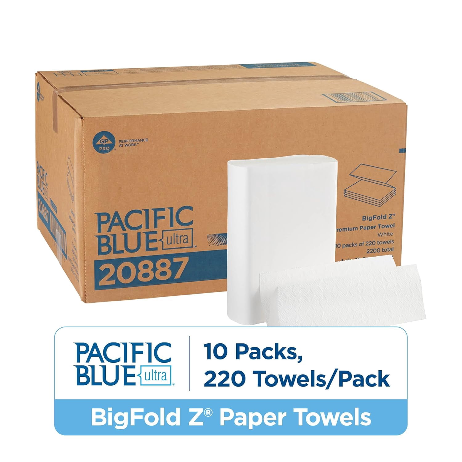 Pacific Blue Ultra Big Z-Fold Paper Towels by GP PRO (), White, 20887, 220 Per Pack, 10 Packs Case (2200 Total), 10.20'' x 10.80